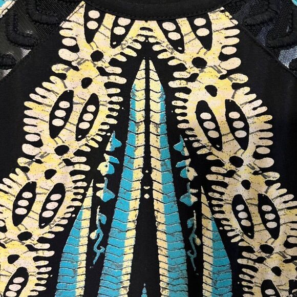 Womens Free People Out Of Africa Black Bodycon Dress XS Tribal Mesh Cutout Batik - Picture 5 of 10